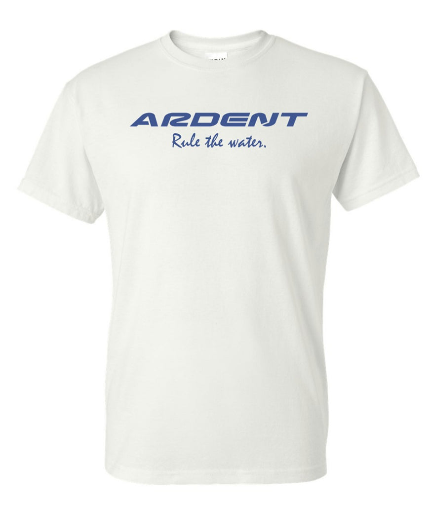 The front of a white t-shirt with blue writing on it. t-shirt text: ARDENT Rule the water.