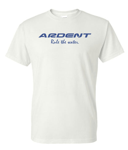 The front a white t-shirt with blue writing on it. t-shirt text: ARDENT Rule the water.