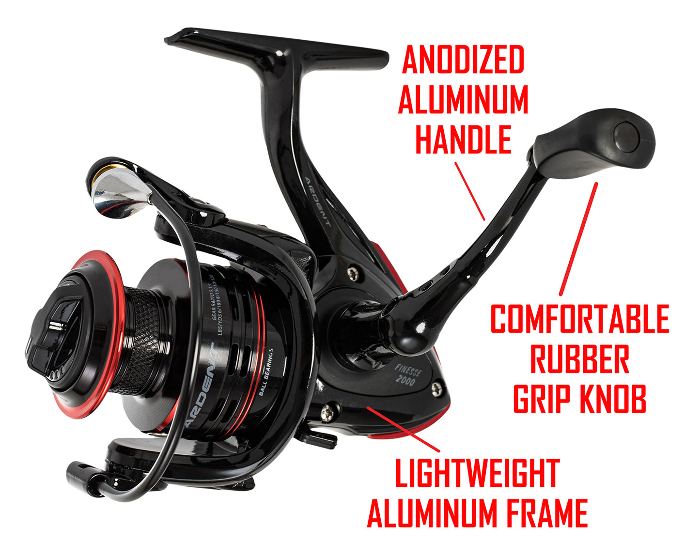 a black and red fishing reel (FINESSE SPINNING REEL). RED text in image: ANODIZED ALUMINUM HANDLE COMFORTABLE RUBBER GRIP KNOB LIGHTWEIGHT ALUMINUM FRAME