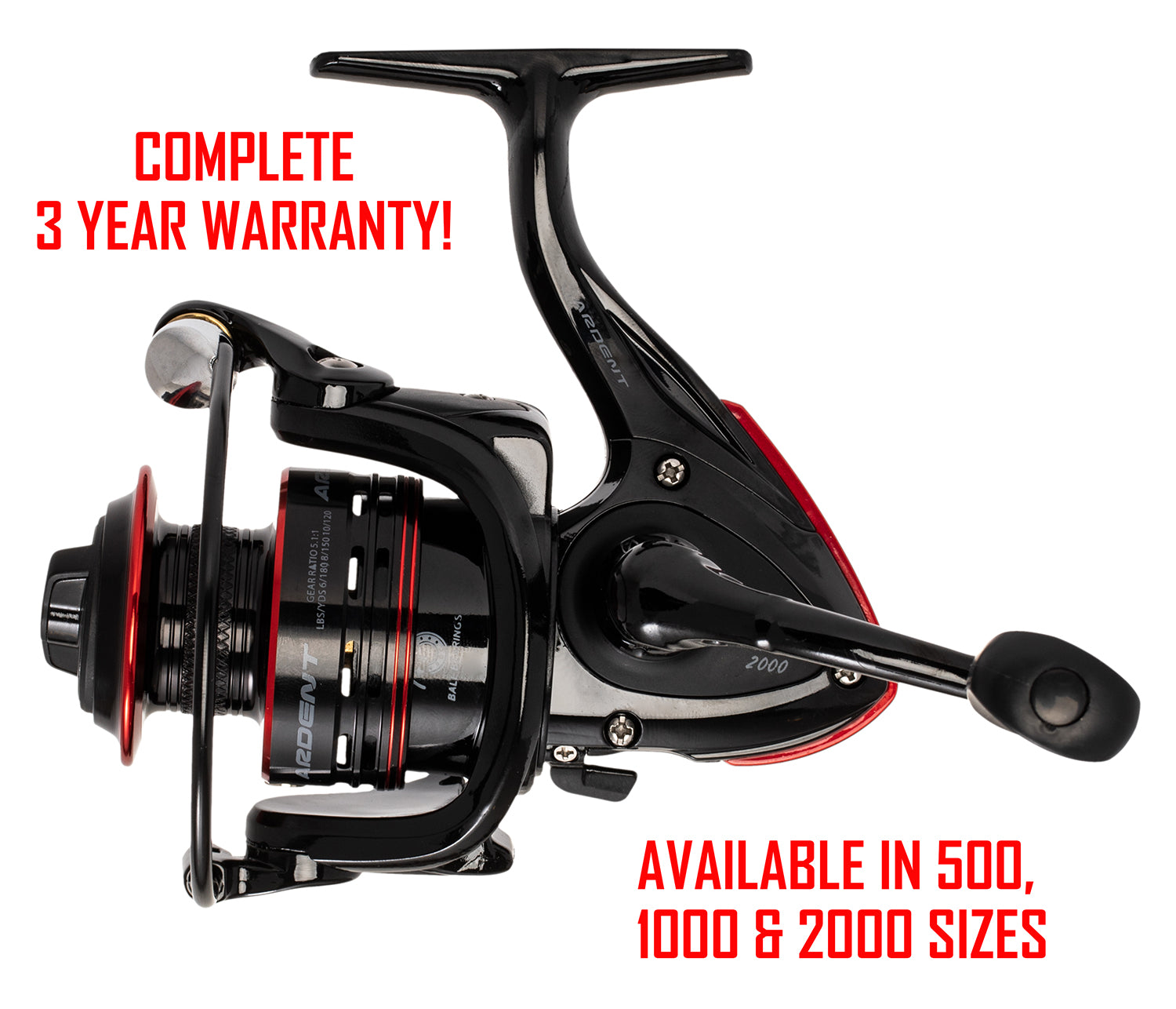 a black and red fishing reel (FINESSE SPINNING REEL). RED text in image: COMPLETE 3 YEAR WARRANTY! AVAILABLE IN 500, 1000 & 2000 SIZES