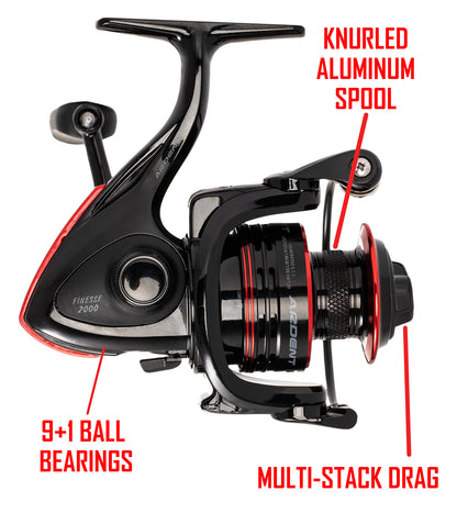 a black and red fishing reel (FINESSE SPINNING REEL). RED text in image: 9+1 BALL BEARINGS KNURLED ALUMINUM SPOOL MULTI-STACK Drag