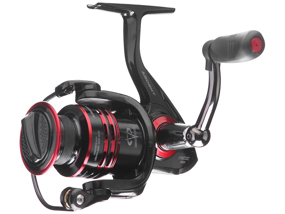 a black and red fishing reel (FINESSE SPINNING REEL)