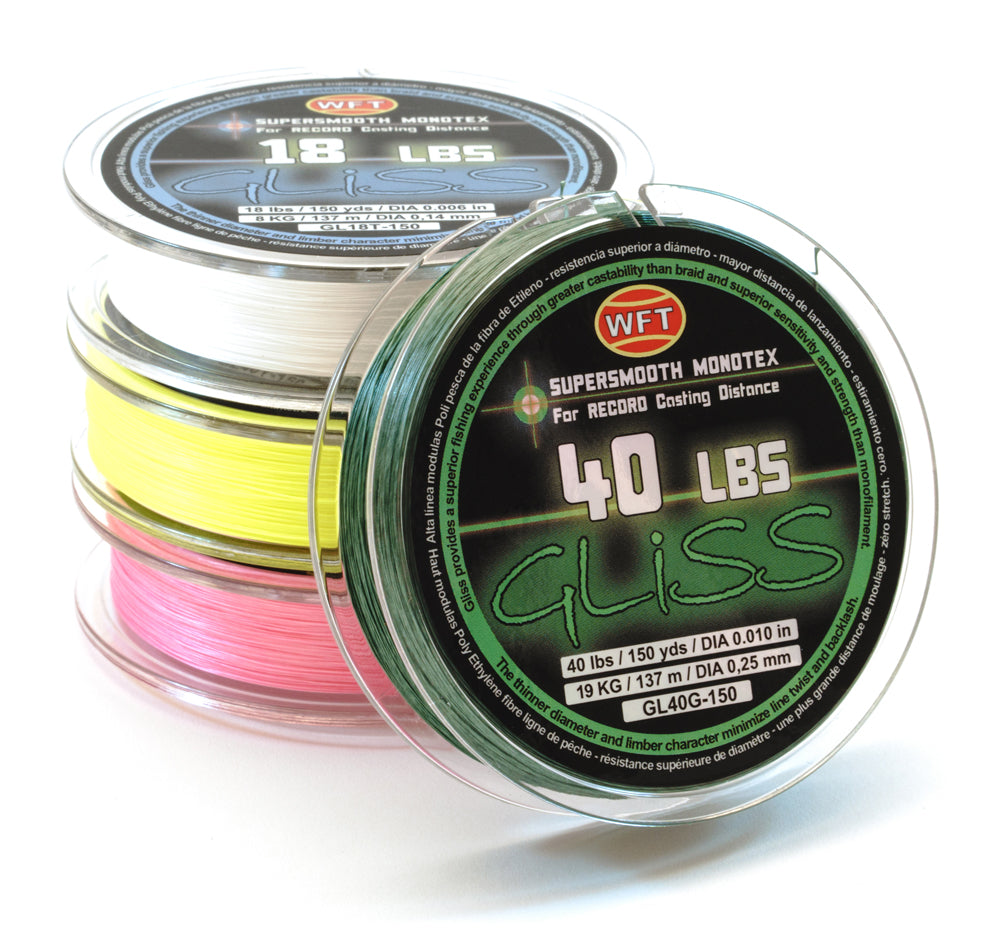 Image of 4 GLISS fishing lines. Main fishing line text: 40 LBS GLISS (GLISS - 40 POUND TEST)