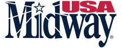 a blue and red text with a star. text: USA Midway (USA Midway LOGO)