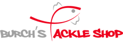 a red and gray logo with a fish and text, text in image: BURCH'S ACKLE SHOP