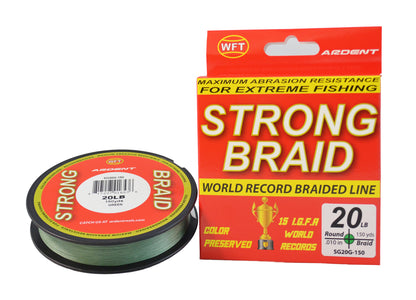 a STRONG BRAID 20LB reel of fishing line and a box 
