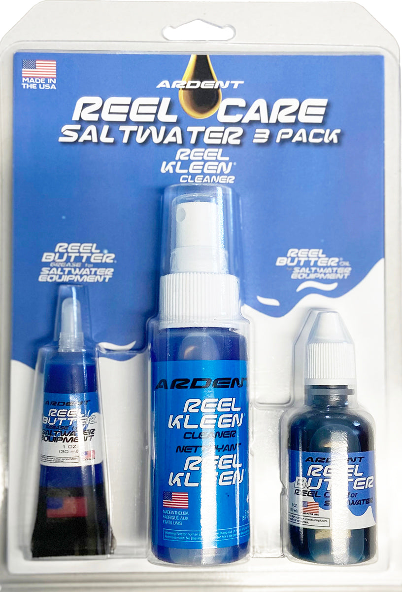 SALTWATER 3-PACK. White Text: Reel Butter saltwater grease, Reel Kleen Cleaner, and Reel Butter saltwater oil