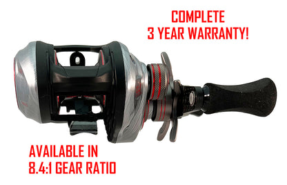 a black, red and silver SUMMIT FALCON fishing reel with red text. Image text: COMPLETE 3 YEAR WARRANTY! AVAILABLE IN 8.4:1 GEAR RATIO