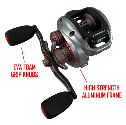 Black, silver and red SUMMIT FALCON Fishing Reel with red text. Image text: EVA FOAM GRIP KNOBS, HIGH STRENGTH ALUMINUM FRAME