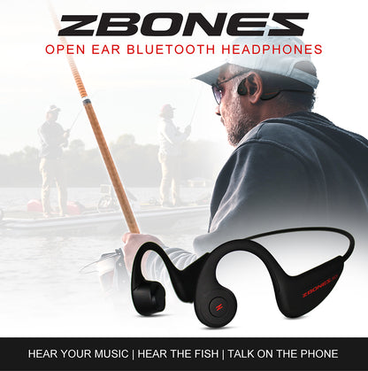 Black ZBONES HEADPHONES with red, white and black text. Image: Three people phishing. text: ZBONES OPEN EAR BLUETOOTH HEADPHONES, HEAR YOUR MUSIC I HEAR THE FISH I TALK ON THE PHONE