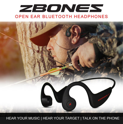 Black ZBONES HEADPHONES with red, white and black text. Men Bow Hunting image. text:ZBONES OPEN EAR BLUETOOTH HEADPHONES, HEAR YOUR MUSIC I HEAR YOUR TARGET I TALK ON THE PHONE 