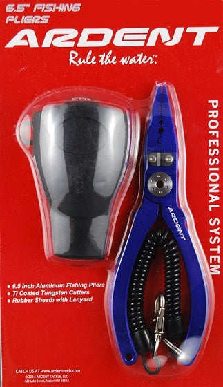 6 1/2" PLIERS: a blue and black fishing pliers in a package, white text in image: 6.5" FISHING PLIERS ARDENT Rule the water: PROFESSIONAL SYSTEM ARDENT . 6.5 inch Aluminum Fishing Pllors . TI Coated Tungsten Cutters . Rubber Sheath with Lanyard 