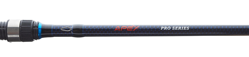 a black with blue APEX SPINNING ROD. red and white Text on the item: Apex Pro-Series