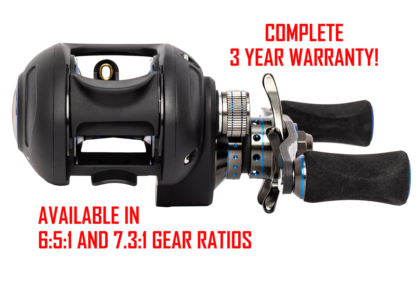 Black with blue APEX ELITE Baitcaster with red text. text: COMPLETE 3 YEAR WARRANTY! AVAILABLE IN 6:5:1 AND 7.3:1 GEAR RATIOS