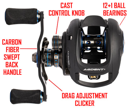 Black with blue APEX ELITE Baitcaster with red text. text:  CAST CONTROL KNOB 12+1 BALL BEARINGS CARBON FIBER— SWEPT BACK HANDLE DRAG ADJUSTMENT CLICKER
