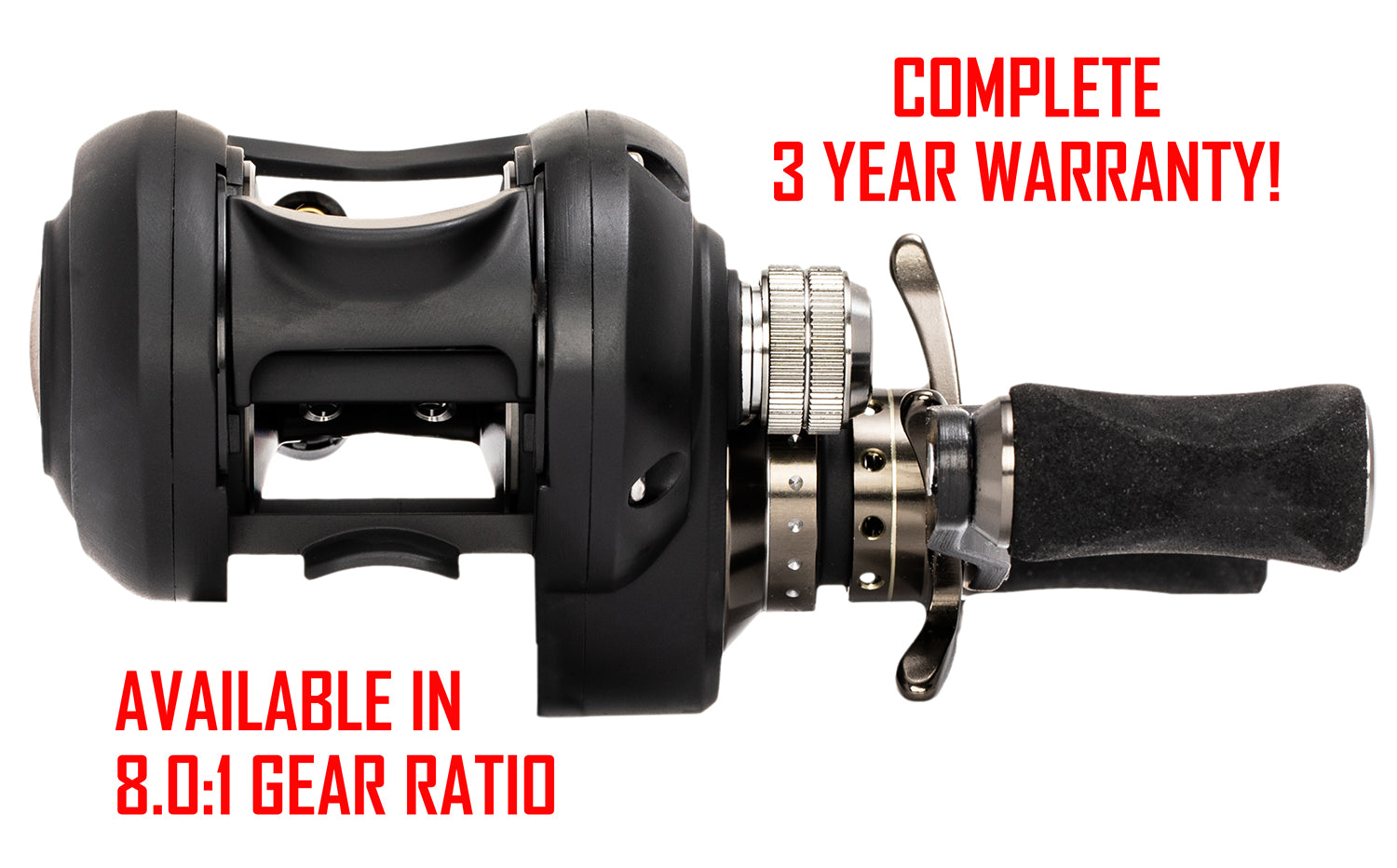 Black APEX LIGHTNING Baitcaster with red text. text: COMPLETE 3 YEAR WARRANTY! AVAILABLE IN 8.0:1 GEAR RATIO