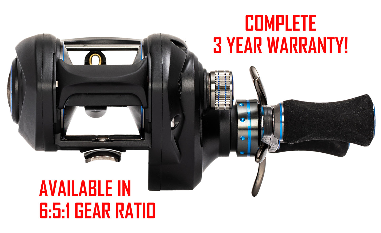 Black with blue APEX MAGNUM Baitcaster with red text. text: COMPLETE 3 YEAR WARRANTY! AVAILABLE IN 6:5:1 GEAR RATIO