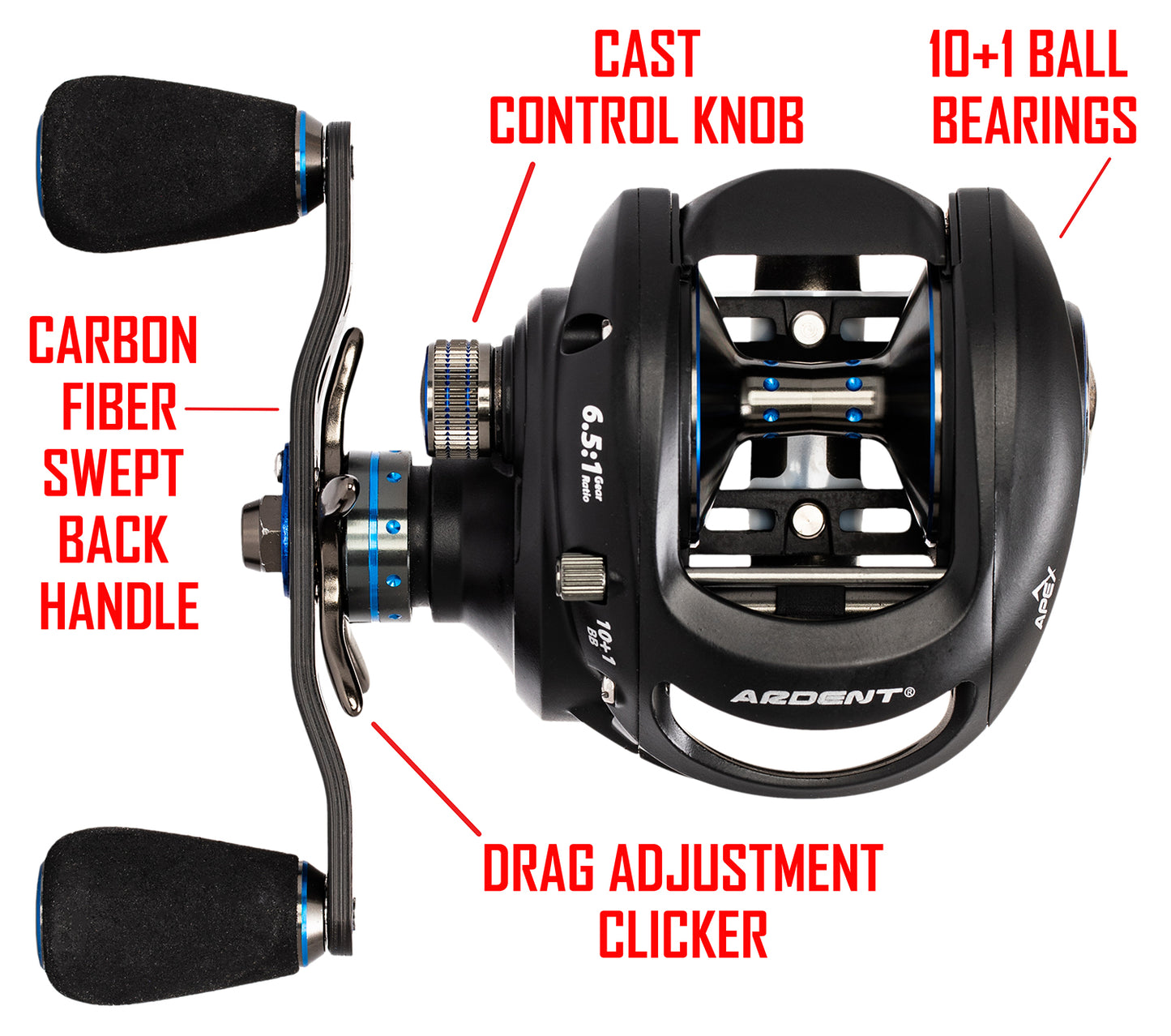Black with blue APEX MAGNUM Baitcaster with red text. text: CARBON FIBER SWEPT BACK HANDLE CAST CONTROL KNOB DRAG ADJUSTMENT CLICKER 10+1 BALL BEARINGS