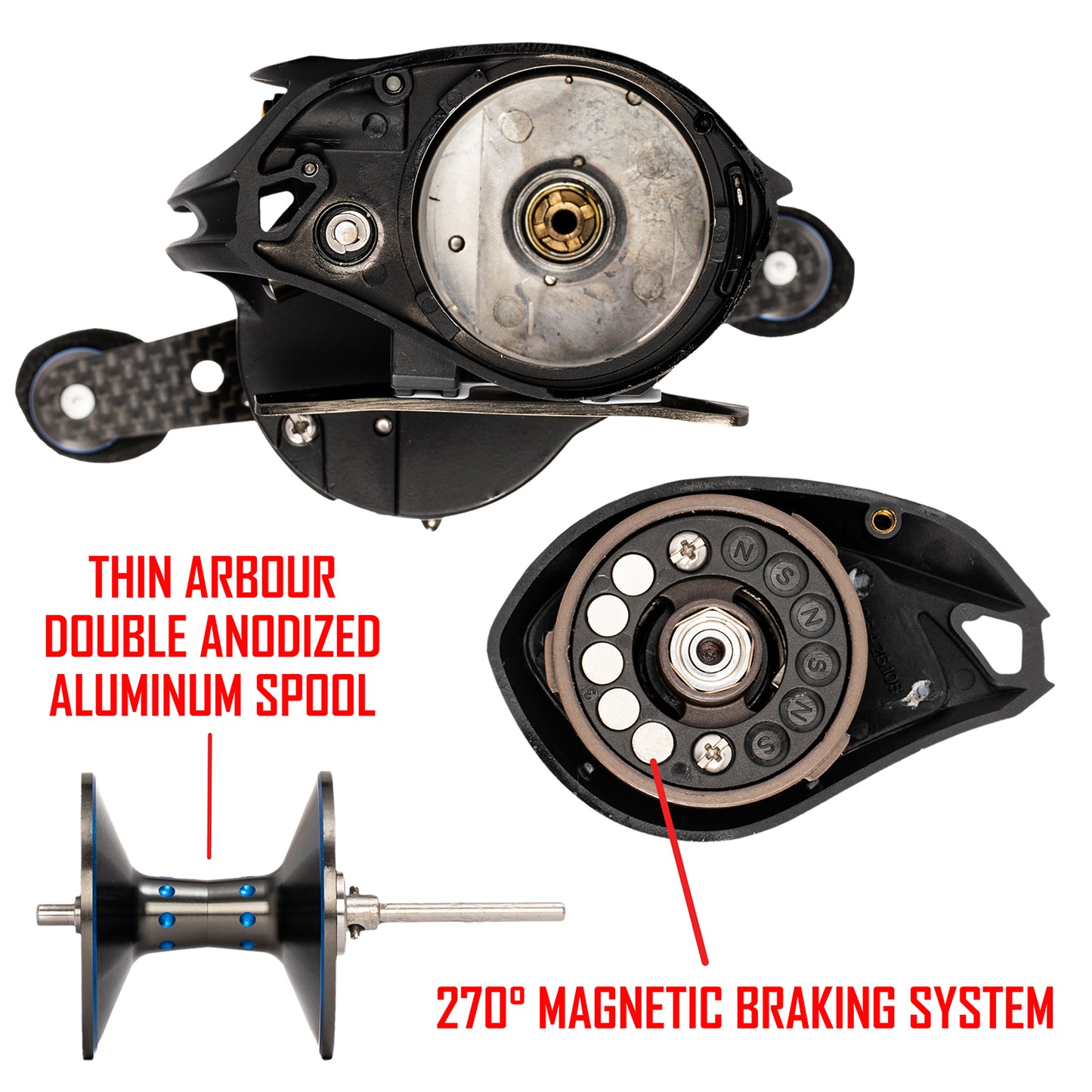 Black with blue APEX MAGNUM Baitcaster with red text. text: THIN ARBOUR DOUBLE ANODIZED ALUMINUM SPOOL 270° MAGNETIC BRAKING SYSTEM