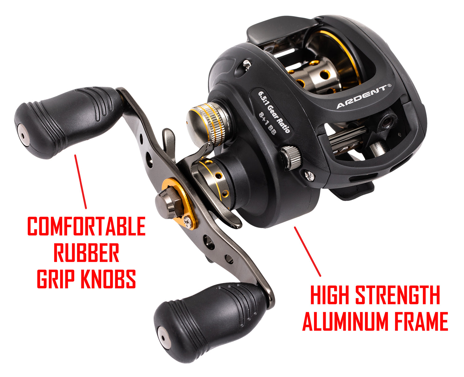 Black APEX TOURNAMENT Baitcaster with red text. text: COMFORTABLE RUBBER GRIP KNOBS HIGH STRENGTH ALUMINUM FRAME