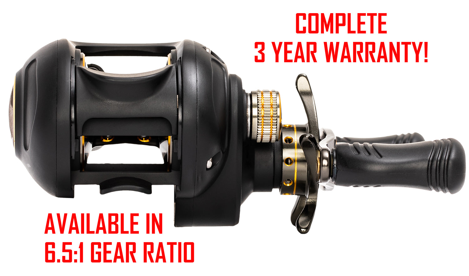 Black APEX TOURNAMENT Baitcaster with red text. text:  COMPLETE 3 YEAR WARRANTY! AVAILABLE IN 6.5:1 GEAR RATIO