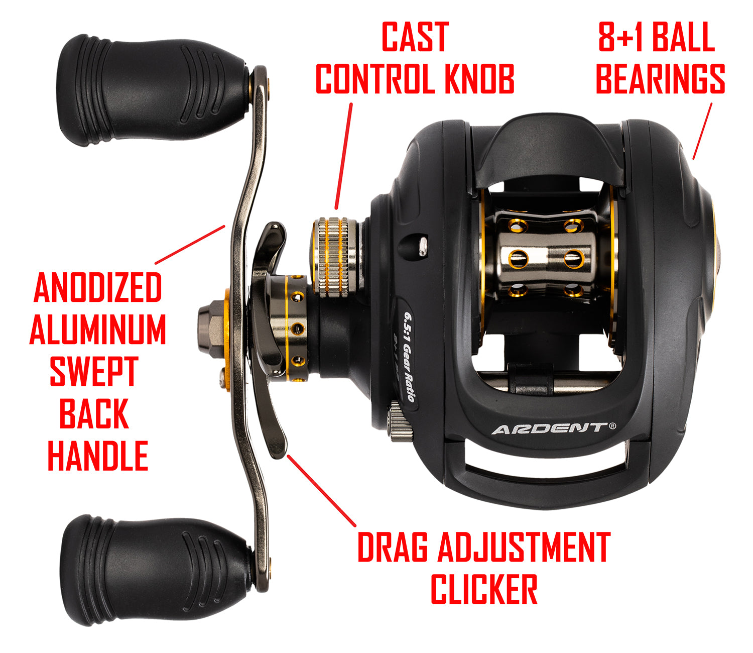 Black APEX TOURNAMENT Baitcaster with red text. text:  CAST CONTROL KNOB 8+1 BALL BEARINGS ANODIZED ALUMINUM  SWEPT BACK HANDLE DRAG ADJUSTMENT CLICKER