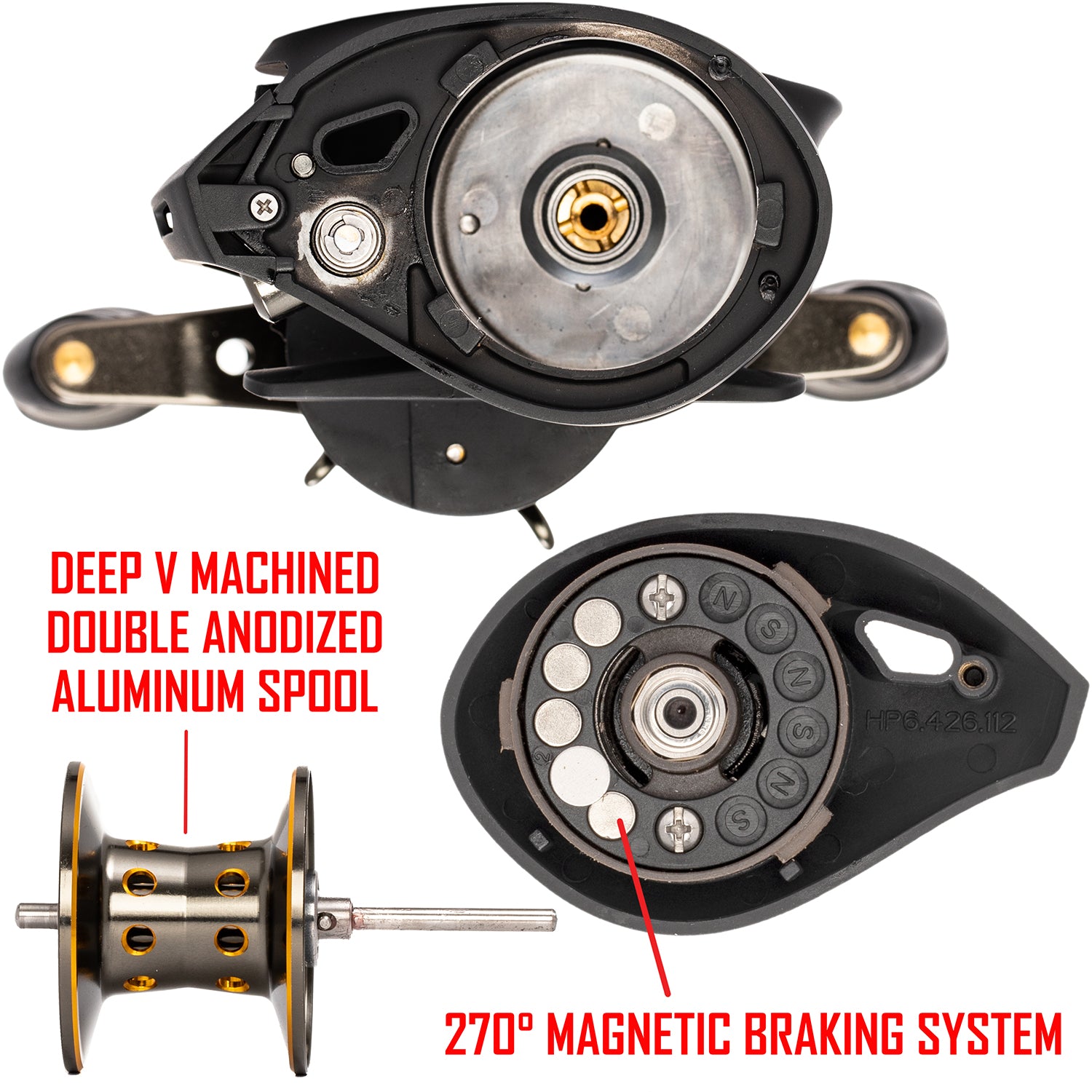 Black APEX TOURNAMENT Baitcaster with red text. text: DEEP V MACHINED DOUBLE ANODIZED ALUMINUM SPOOL 270° MAGNETIC BRAKING SYSTEM