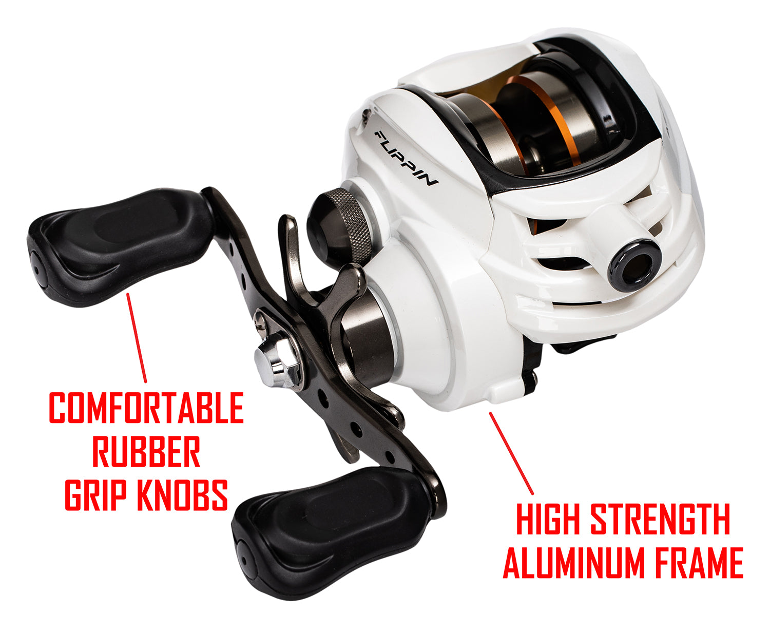 White and black ARROW FLIPPING REEL - 7.0:1 RH with red text.  text:COMFORTABLE RUBBER GRIP KNOBS HIGH STRENGTH ALUMINUM FRAME