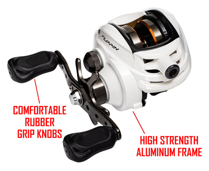 White and black ARROW FLIPPING REEL - 7.0:1 RH with red text.  text:COMFORTABLE RUBBER GRIP KNOBS HIGH STRENGTH ALUMINUM FRAME