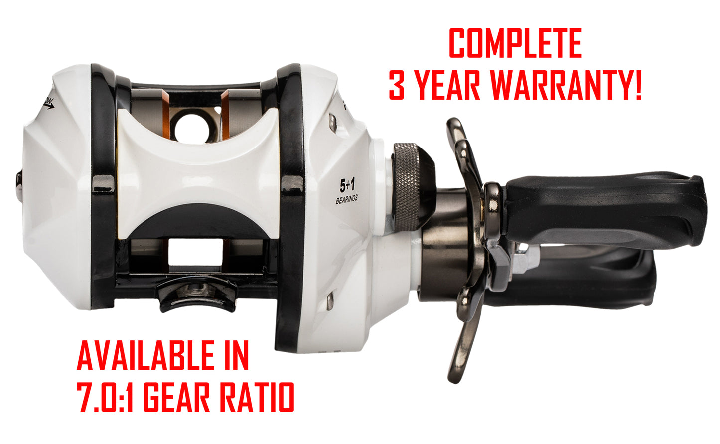 White and black ARROW FLIPPING REEL - 7.0:1 RH with red text. text: COMPLETE 3 YEAR WARRANTY! AVAILABLE IN 7.0:1 GEAR RATIO