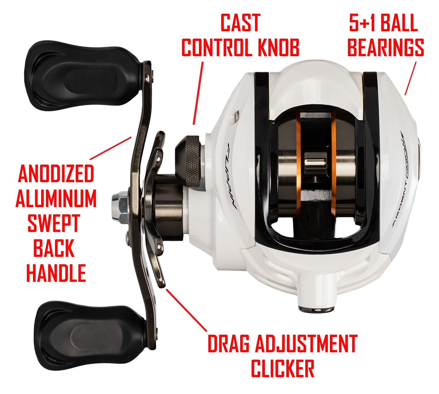White and black ARROW FLIPPING REEL - 7.0:1 RH with red text. text: CAST CONTROL KNOB 5+1 BALL BEARINGS ANODIZED ALUMINUM SWEPT BACK HANDLE DRAG ADJUSTMENT CLICKER