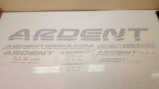 ARDENT DECAL KIT: a group of white stickers with black letters on a white surface, text in image: ARDENT ARDENTREELS.COM ARDENT Rule the water Rule the water.