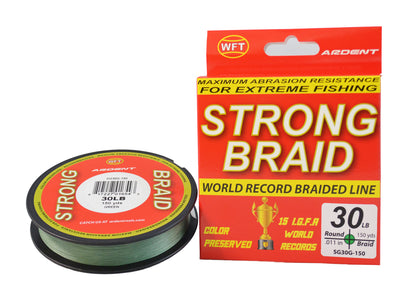 a STRONG BRAID 30LB reel of fishing line and a box 