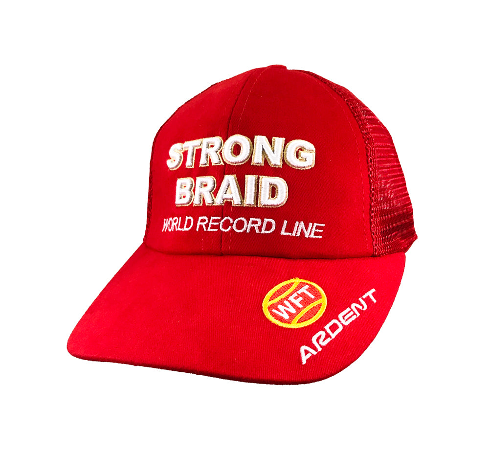 Front of a Red cap. White with yellow TEXT on the cap: STRONG BRAID, World RECORD LINE, WFT Ardent