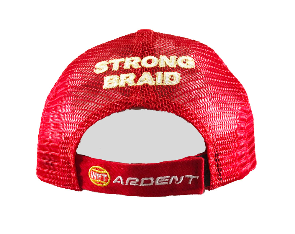RED cap. Yellow and white TEXT on the cap: STRONG BRAID, ARDENDT. 