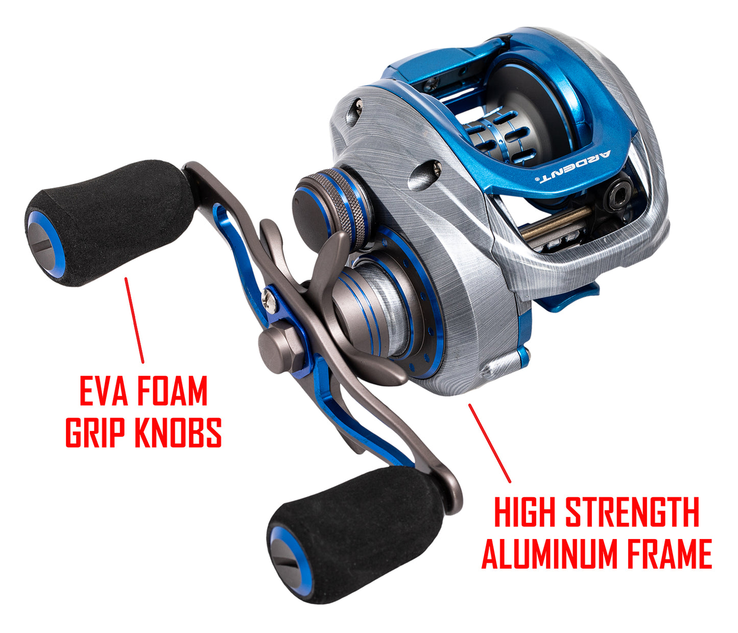 Silver and blue SUMMIT HAWK Baitcaster with red text. text: EVA FOAM GRIP KNOBS HIGH STRENGTH ALUMINUM FRAME