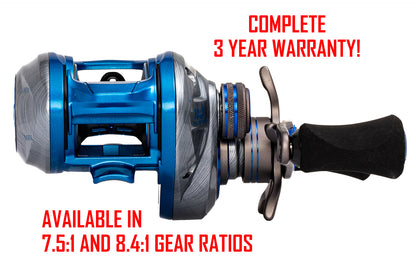 Silver and blue SUMMIT HAWK Baitcaster with red text. text: COMPLETE 3 YEAR WARRANTY! AVAILABLE IN 7.5:1 AND 8.4:1 GEAR RATIOS
