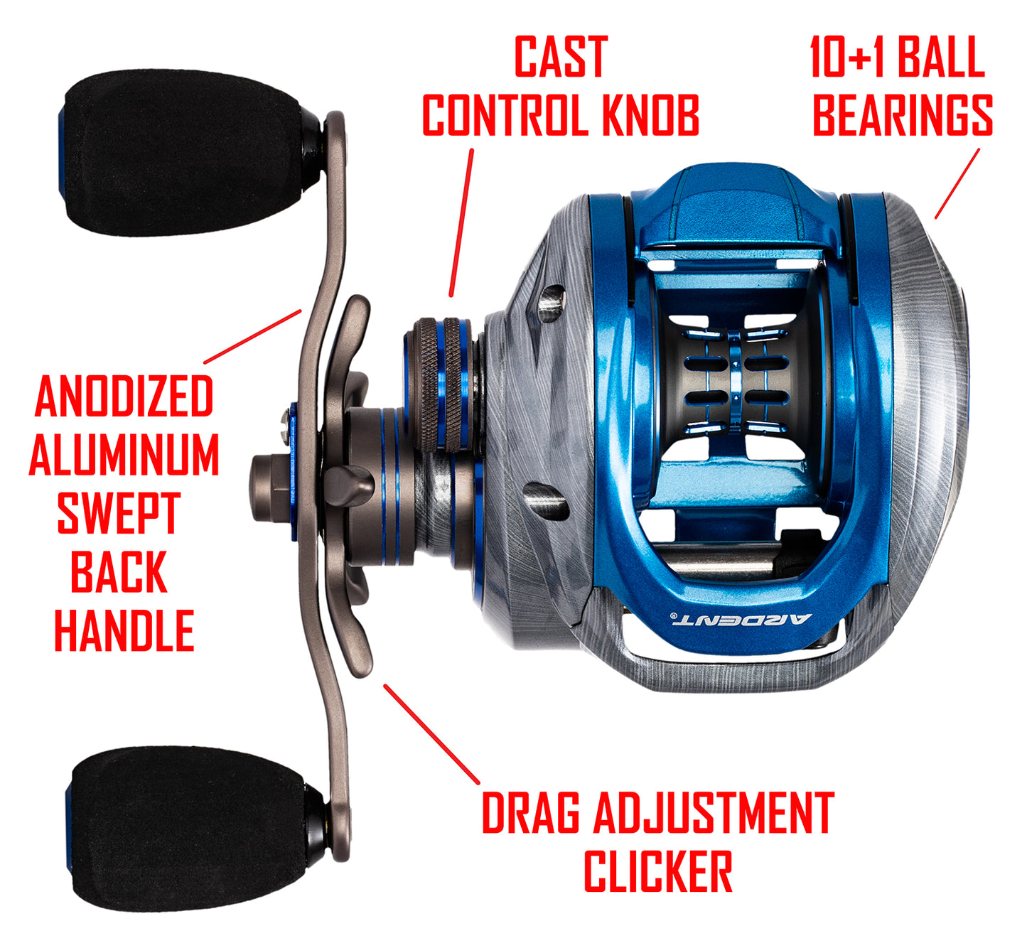 Silver and blue SUMMIT HAWK Baitcaster with red text. text: CAST CONTROL KNOB 10+1 BALL BEARINGS ANODIZED ALUMINUM SWEPT BACK HANDLE DRAG ADJUSTMENT CLICKER