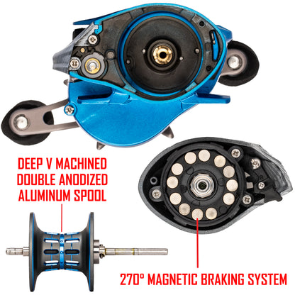 Silver and blue SUMMIT HAWK Baitcaster with red text. text: DEEP V MACHINED DOUBLE ANODIZED ALUMINUM SPOOL 270°MAGNETIC BRAKING SYSTEM